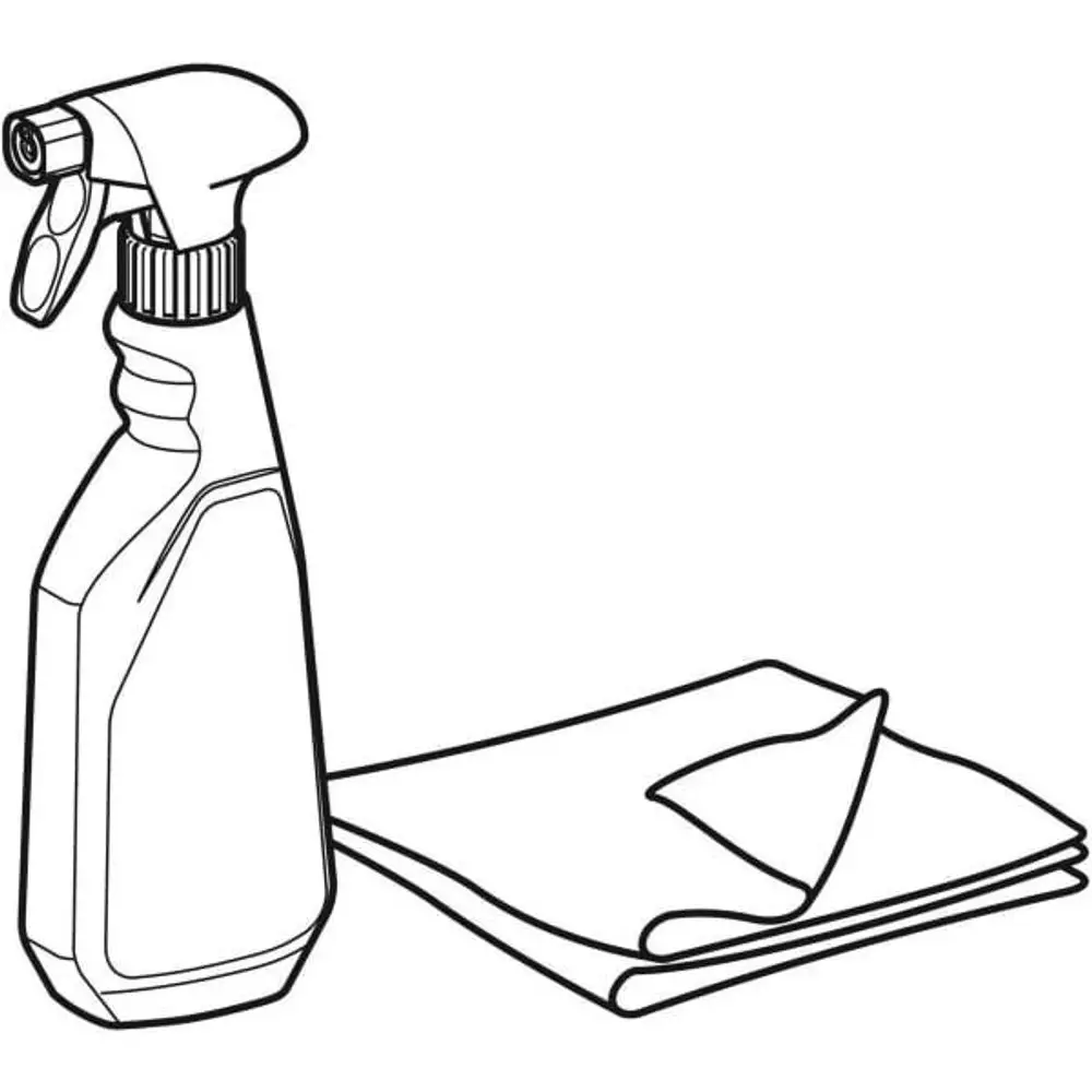 Sprühflasche mit einem Tuch daneben, beide auf weißem Hintergrund. Geberit AquaClean Reinigungsset für die Reinigung von Dusch-WCs.