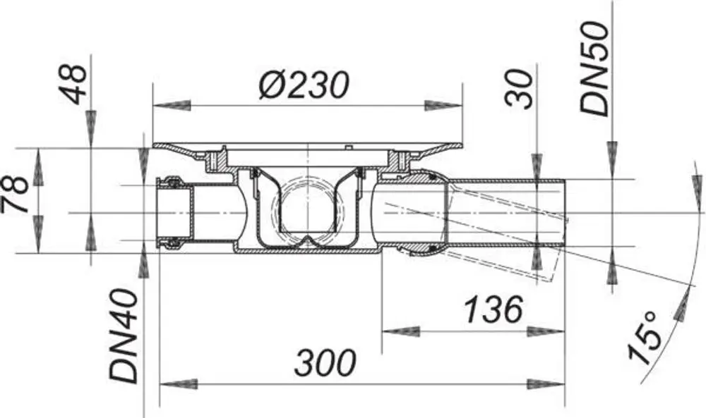 Dallmer Ablaufgehäuse mit drei Zuläufen, inkl. detaillierter Schnittzeichnung, zeigt Maße und Anschlüsse für DN 40 und DN 50.