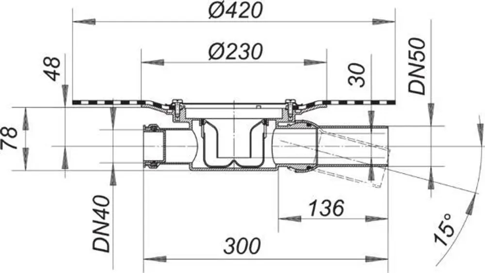 Dallmer Ablaufgehäuse mit Zulauf, inklusive Anschlüssen für DN 40 und DN 50, dargestellt in technischer Zeichnung mit Maßangaben.