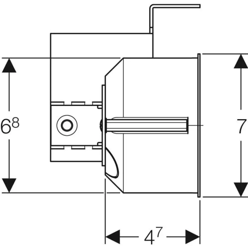 Hohlwanddose für Geberit AquaClean, dargestellt im Seitenansicht-Plan mit oben und unten angezeigten Maßlinien. Design für den Trockenbau.