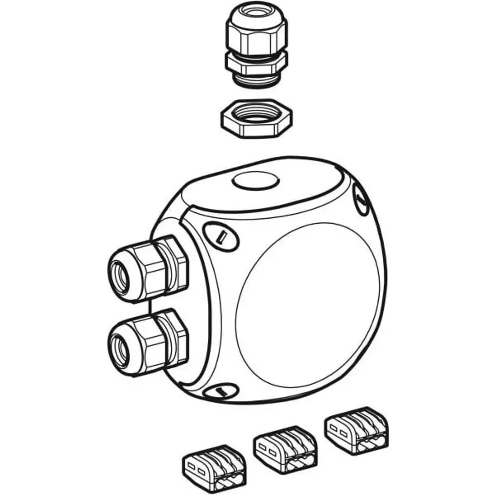 Elektroanschlussdose mit zwei Anschlüssen, modularem Design und verschiedenen Verbindungselementen, hergestellt von Geberit.