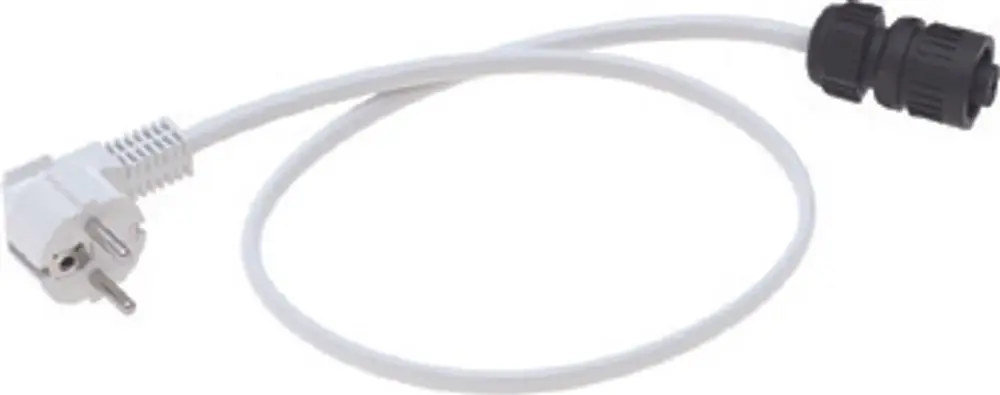 Netzkabel von Geberit mit einem weißen Stecker und einem schwarzen Anschluss. Flexibles Kabel für elektrische Verbindungen.
