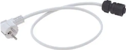 Netzkabel von Geberit mit einem weißen Stecker und einem schwarzen Anschluss. Flexibles Kabel für elektrische Verbindungen.