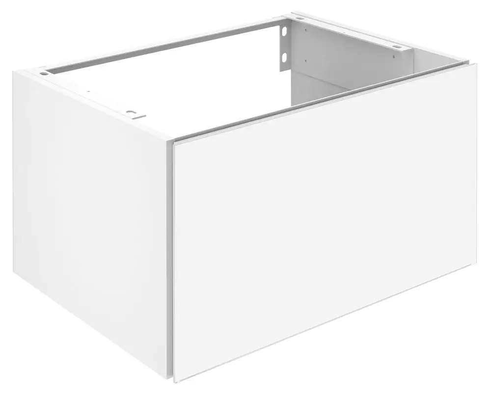 Weißer Waschtischunterbau mit Auszug von Keuco, ohne aufgesetzte Oberflächen, klar strukturierte Kante und offenes Fach auf der Oberseite.