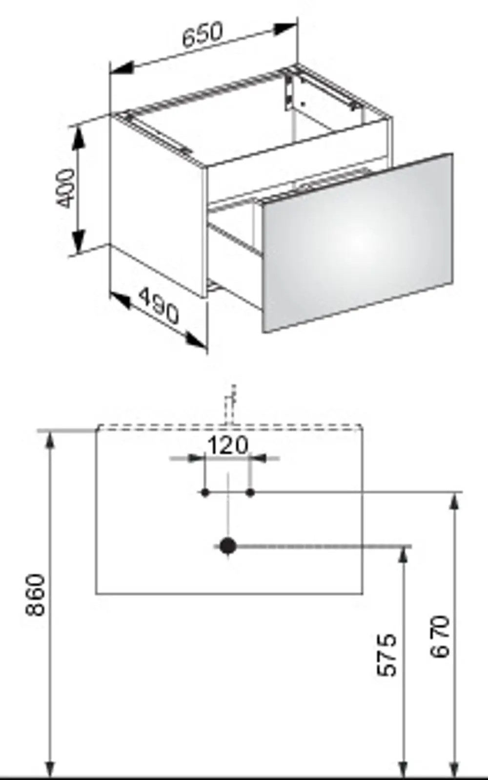 Waschtischunterbau von Keuco mit Auszug und offenem Inneren. Maße: 650 mm Breite, 400 mm Höhe, 490 mm Tiefe. Darstellung in zeichnerischer Form mit klaren Dimensionen.