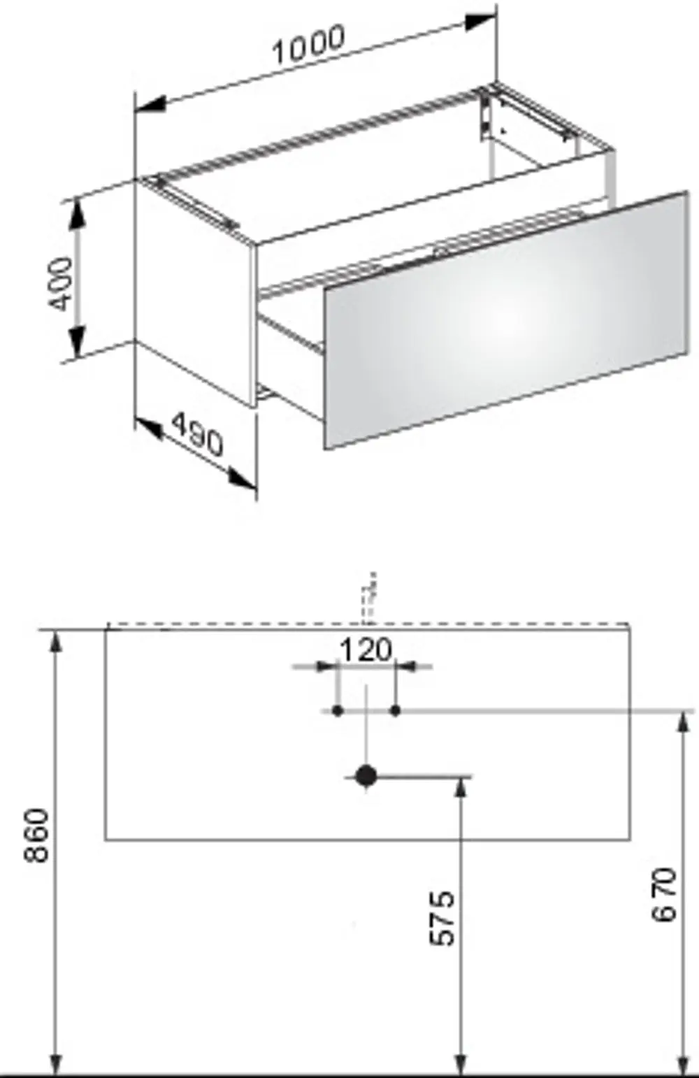 Keuco Waschtischunterbau mit ausziehbarem Fach, rechteckige Form, Montageanleitung und Maße im technischen Zeichnungsformat.