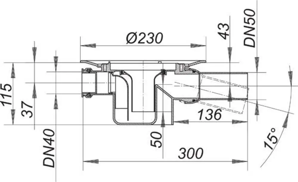 Dallmer Ablaufgehäuse mit horizontalem Zulauf, DN 40 und DN 50, Abmessungen und Schnittansicht in technischer Zeichnung dargestellt.