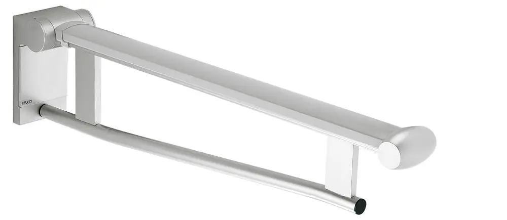 Weißer Stützklappgriff von Keuco mit einer langen, flachen Halterung, die an der Wand montiert ist. Ideal für den Einsatz im Bad oder bei Waschtischen.