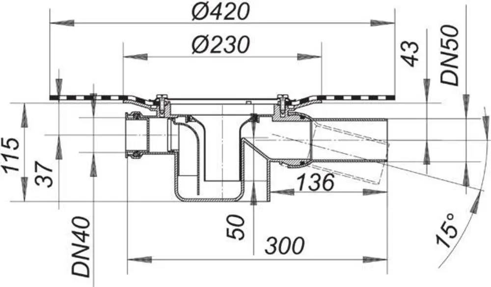 Dallmer Ablaufgehäuse mit ovalem Design, Zulaufanschlüssen DN 40 und DN 50, dimensionsskizziert mit verschiedenen Durchmessern und Maßen.