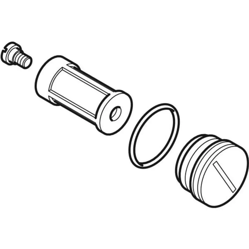 Schmutzfänger-Set für Urinalsteuerung, bestehend aus einem zylindrischen Element, einer Dichtung und einer Schraube. Geberit.