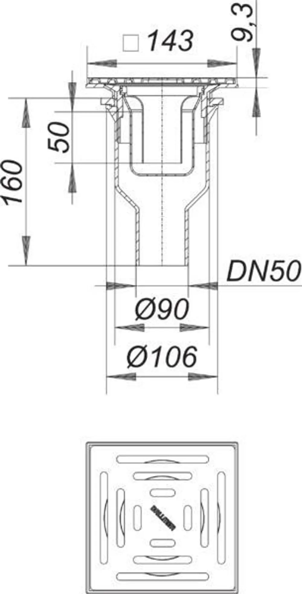 Dallmer Duschablauf mit quadratischem Design. Sichtbarer Ablaufkörper mit spezifischen Durchmesser- und Höhenangaben. Oben eine runde, durchlässige Abdeckung.