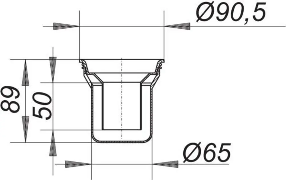 Dallmer-Geruchverschlusseinsatz mit zylindrischer Form und mehreren Durchmessern, grafische Darstellung mit Dimensionen und Schnittansicht zur verdeutlichten Konstruktion.