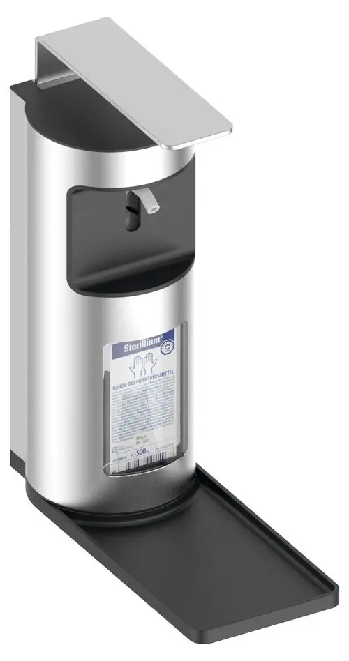 Desinfektionsmittelspender aus eloxiertem Aluminium von Keuco mit Einfüllöffnung und Auffangschale zur hygienischen Handdesinfektion.