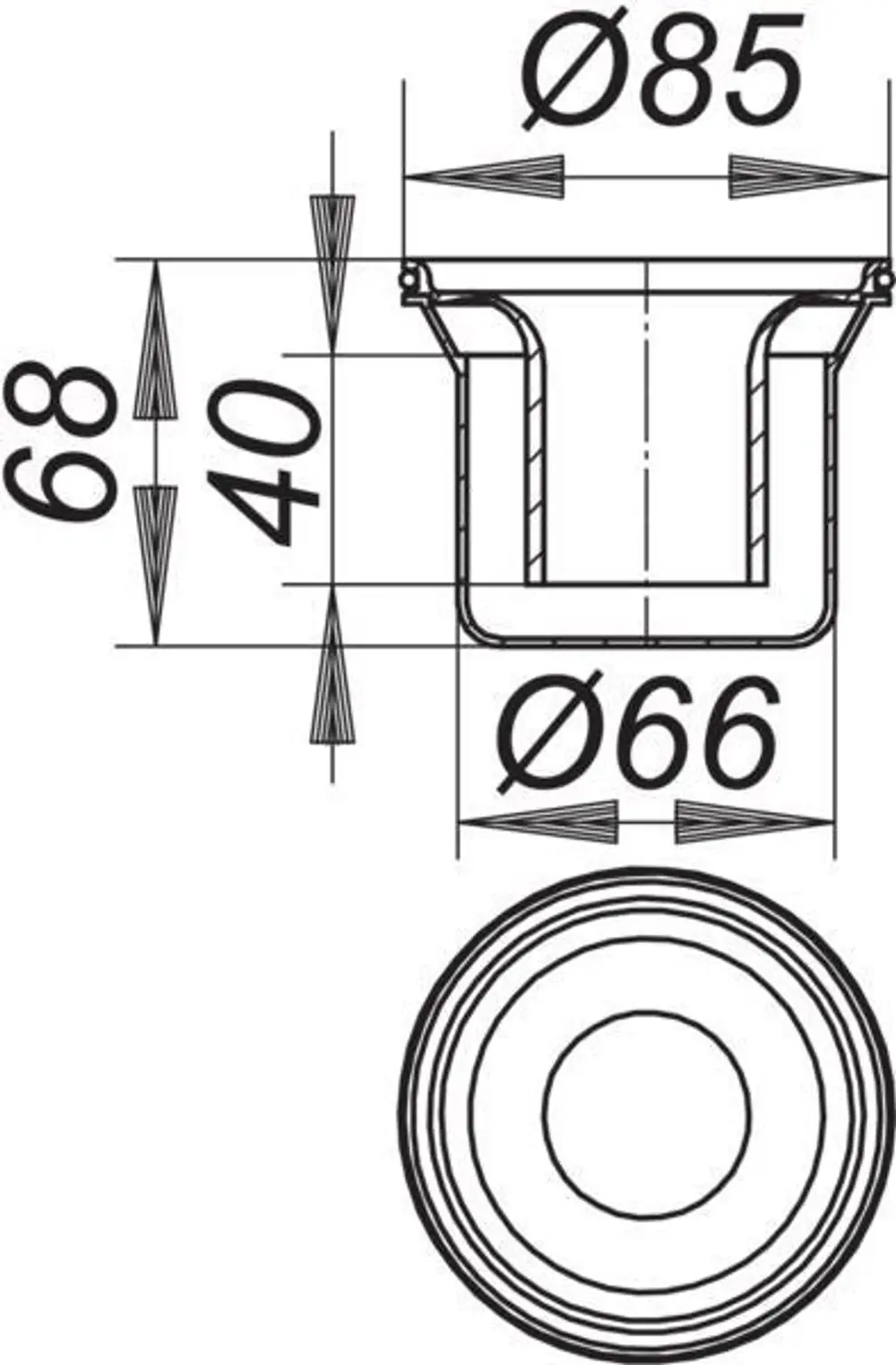 Dallmer Geruchverschlusseinsatz in schematischer Darstellung, Seitenansicht und oben Ansicht, mit Maßangaben. Allgemeine Form und Struktur des Produkts sind sichtbar.