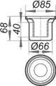 Dallmer Geruchverschlusseinsatz in schematischer Darstellung, Seitenansicht und oben Ansicht, mit Maßangaben. Allgemeine Form und Struktur des Produkts sind sichtbar.