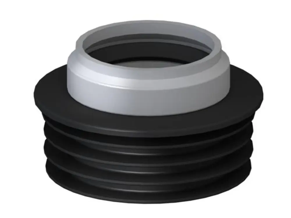 Dallmer Wannenanschluss mit einer gewellten schwarzen Basis und einem weißen, glatten oberen Teil. Das Design ermöglicht eine stabile Verbindung zu Abflussrohren.