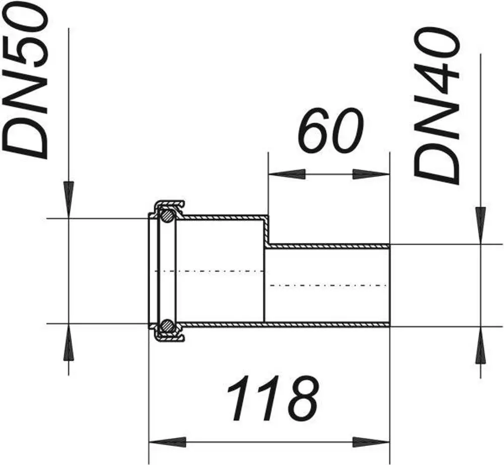 Dallmer Reduzierrohr, schematische Darstellung mit zwei unterschiedlichen Durchmessern und Längenangaben, für funktionale Rohrverbindungen in sanitärtechnischen Anwendungen.
