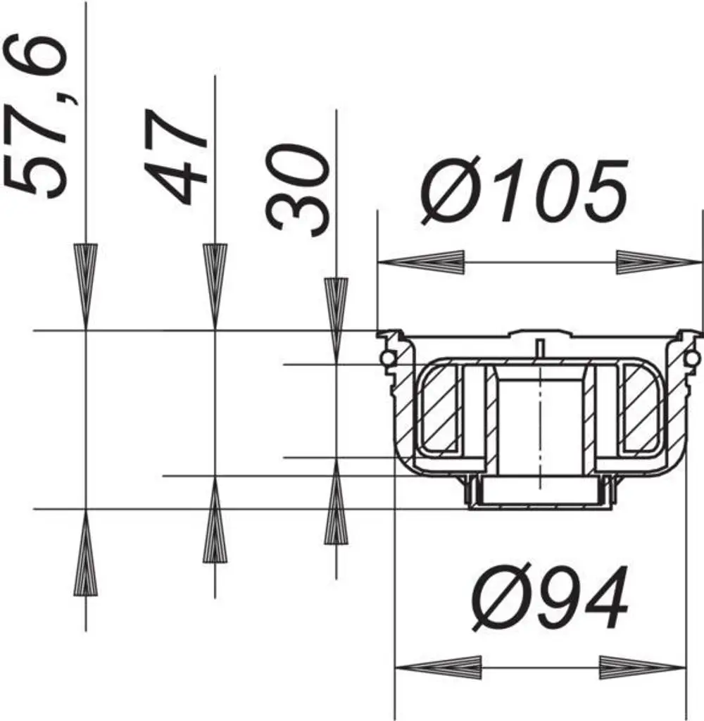 Schematische Zeichnung eines Dallmer Geruchverschlusses mit Durchmessern und Höhenangaben, dargestellt in einer technischen Ansicht.