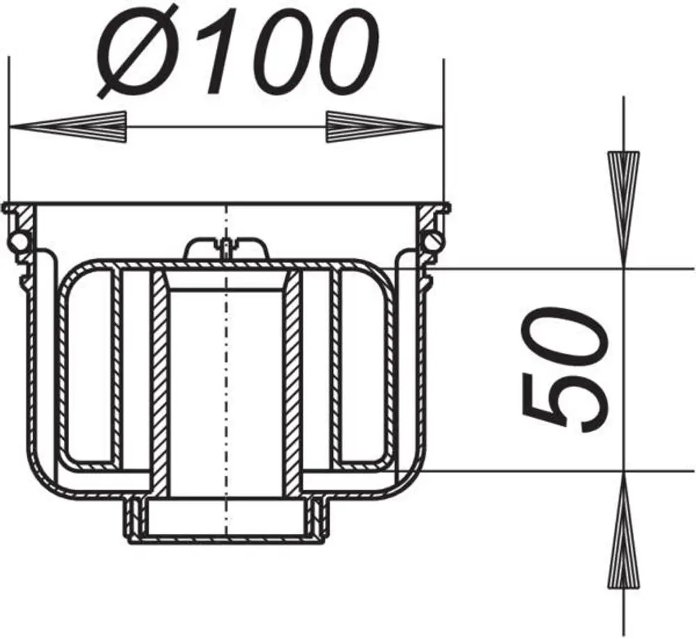 Schematische Zeichnung eines Dallmer-Geruchverschlusses mit einer kreisförmigen Öffnung und Innenstruktur, dargestellt in Schnittansicht. Maße sind nicht angegeben.