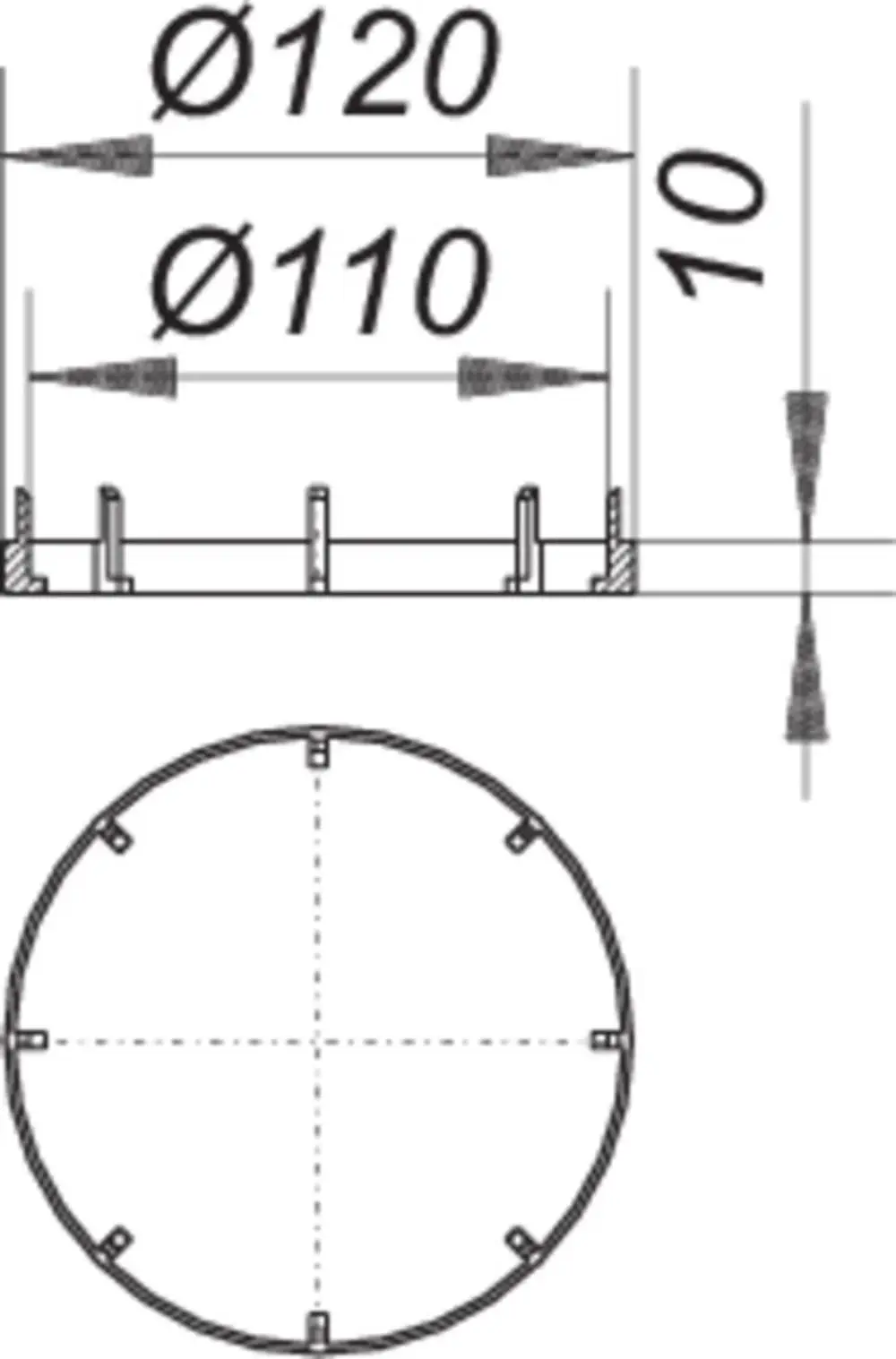 Dallmer Entwässerungsring, gezeigt in technischem Zeichnungsformat, mit zwei Durchmessern und einer Höhe, versehen mit Montagepunkten zur Befestigung.