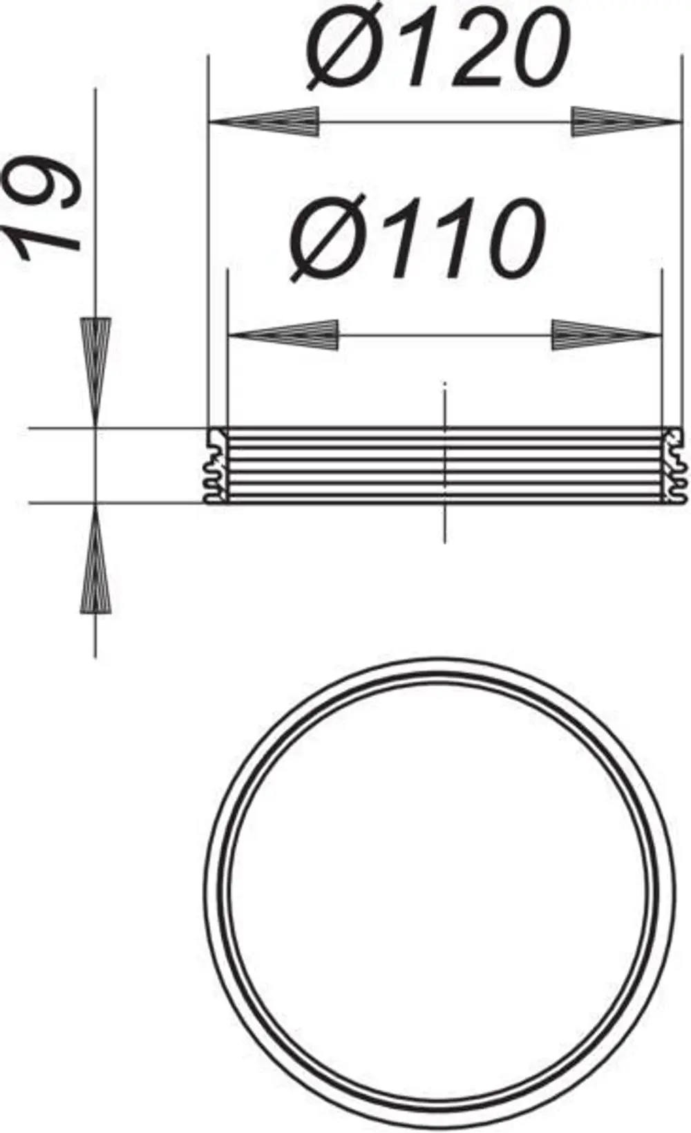Technische Zeichnung einer Rückstaudichtung mit zwei unterschiedlichen Durchmessern, in einem schematischen Format, passend zu Dallmer Produkten.