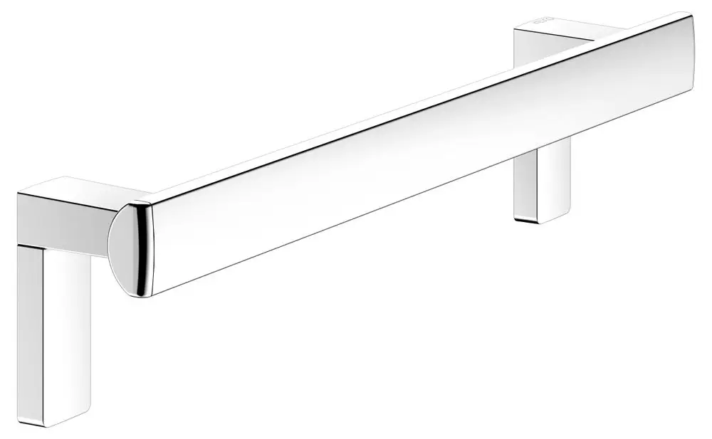 Heller Haltegriff mit glatter, verchromter Oberfläche, montiert an zwei rechteckigen Halterungen. Produkt von Keuco, geeignet für Badezimmer oder barrierefreie Einrichtungen.