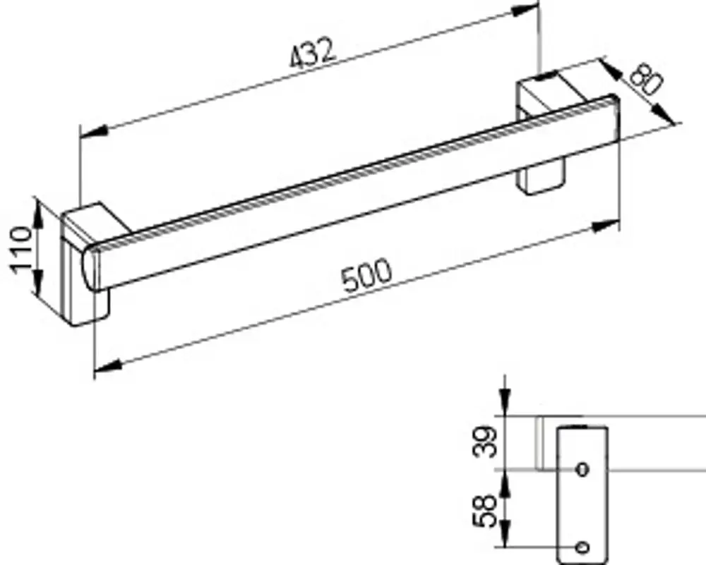Haltegriff von Keuco, rechteckige Form mit zwei Halterungen, das Produkt verfügt über eine ausgezogene Stange und ist für Montage an Wänden geeignet.