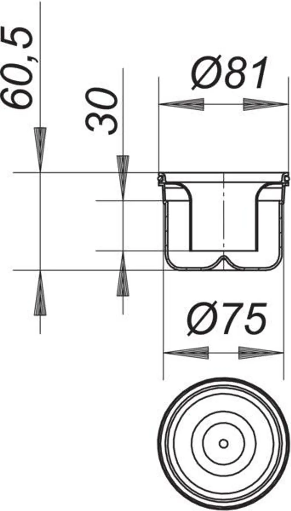 Dallmer Geruchsverschluss mit runder Öffnung, seitliches Design, Maße und Durchmesser im technischen Zeichenstil dargestellt.