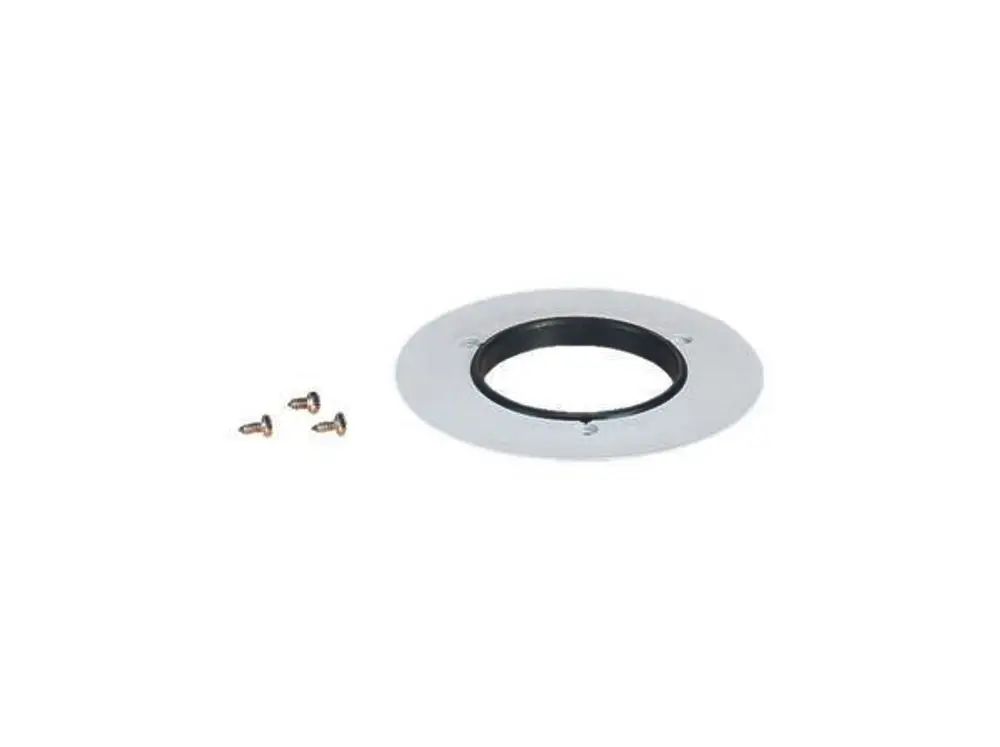 Runde Rückstaudichtung von Dallmer mit schwarzem Innenring und silbernem äußeren Ring, begleitet von drei kleinen Schrauben zur Befestigung.