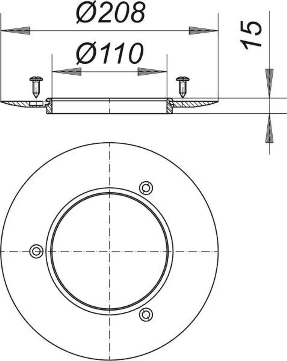 Runde Dichtplatte von Dallmer mit zwei Bohrungen und einem Durchmesser von 208 mm sowie innerem Durchmesser von 110 mm, gefertigt aus flachem Material mit einer Höhe von 15 mm.