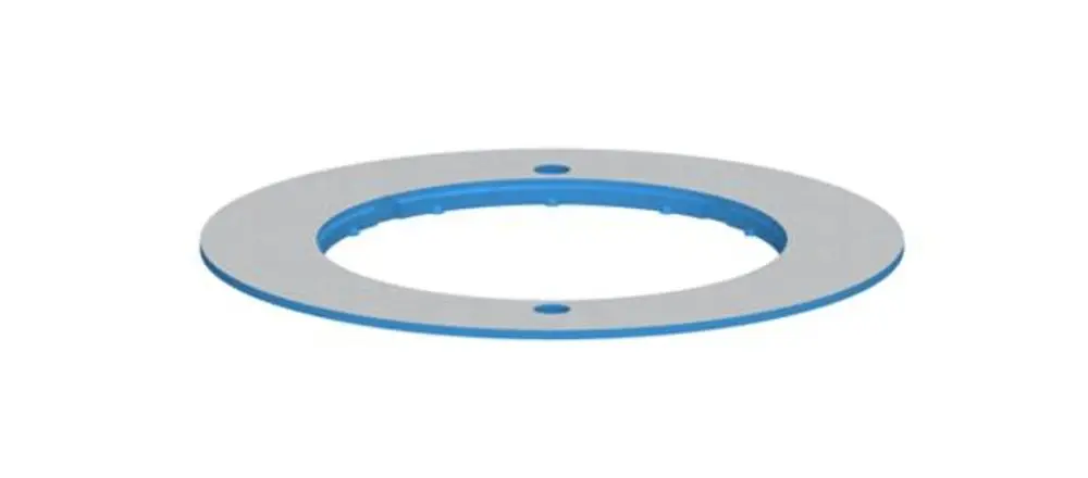 Dallmer Rahmenaufnahme in ringförmiger Bauform mit blauem Innenring und zwei Bohrlöchern, geeignet zur Installation im Bereich der Abwasserentsorgung.