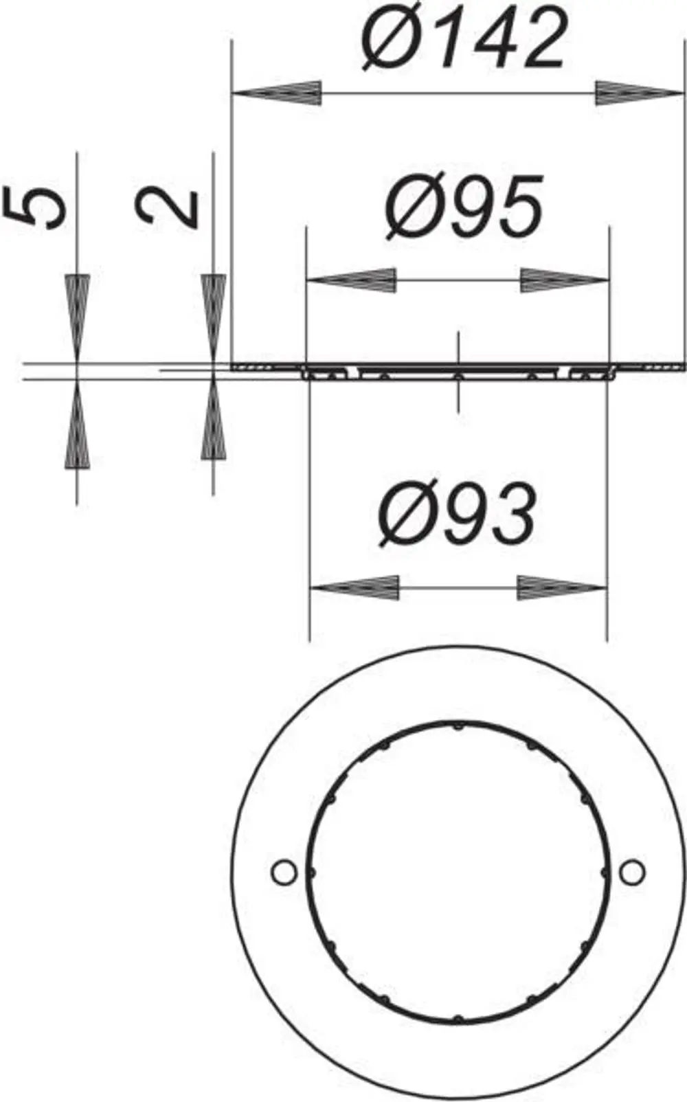 Dallmer Rahmenaufnahme mit durchgängiger Kontur, Maße und Bohrungen für Installation, geeignet für CeraDrain/TistoDrain Systeme.