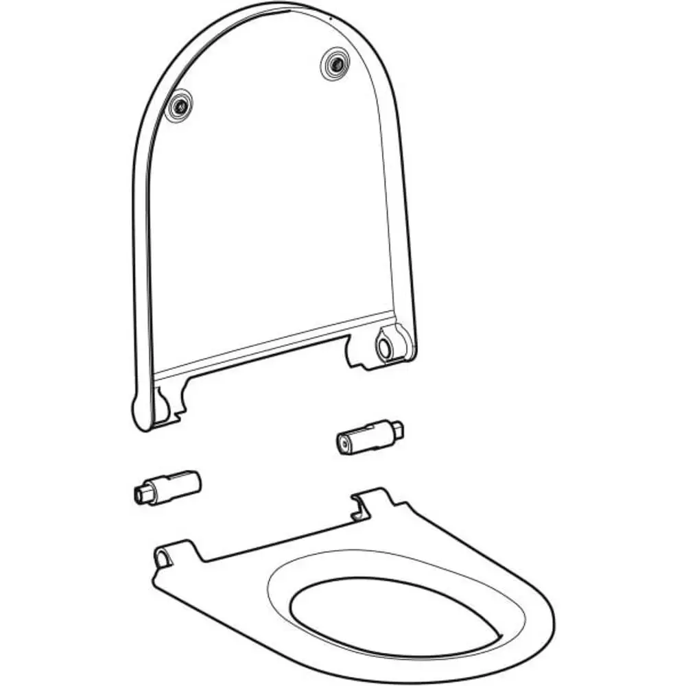 Geberit WC-Sitz mit Deckel, zerlegt in Einzelteile: Sitzfläche und Rückenteile, mit zwei Befestigungselementen sichtbar.