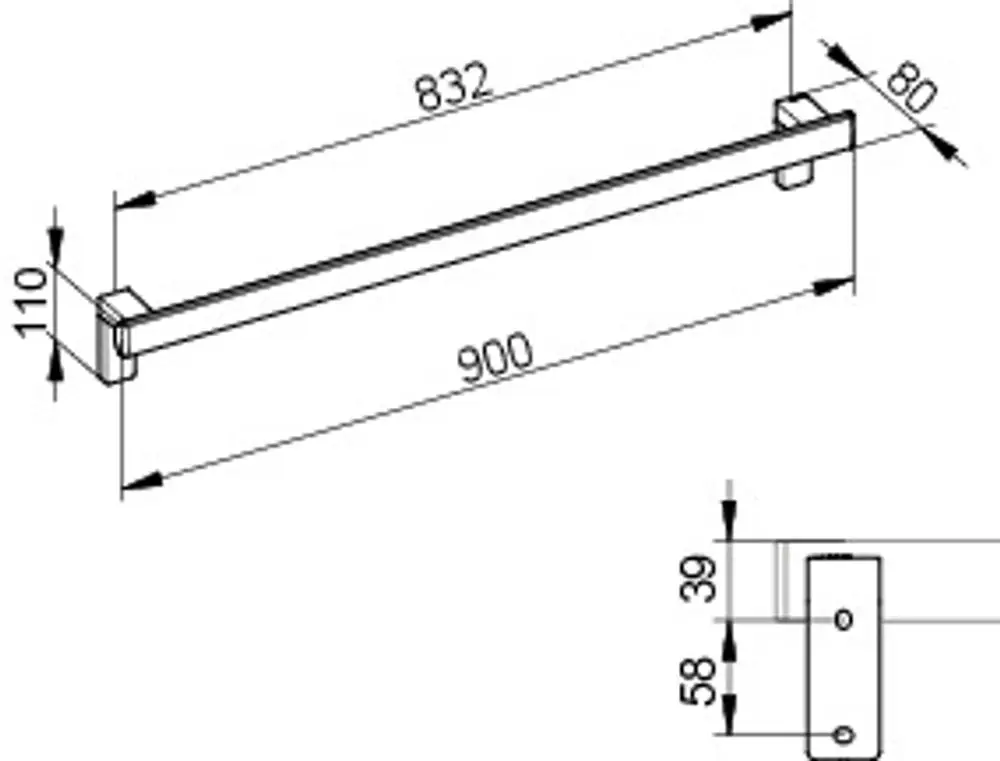 Haltegriff von Keuco, montiert an der Wand, mit rechteckigem Design und stabilen, flachen Halterungen. Maße und Details sind aus der technischen Zeichnung ersichtlich.