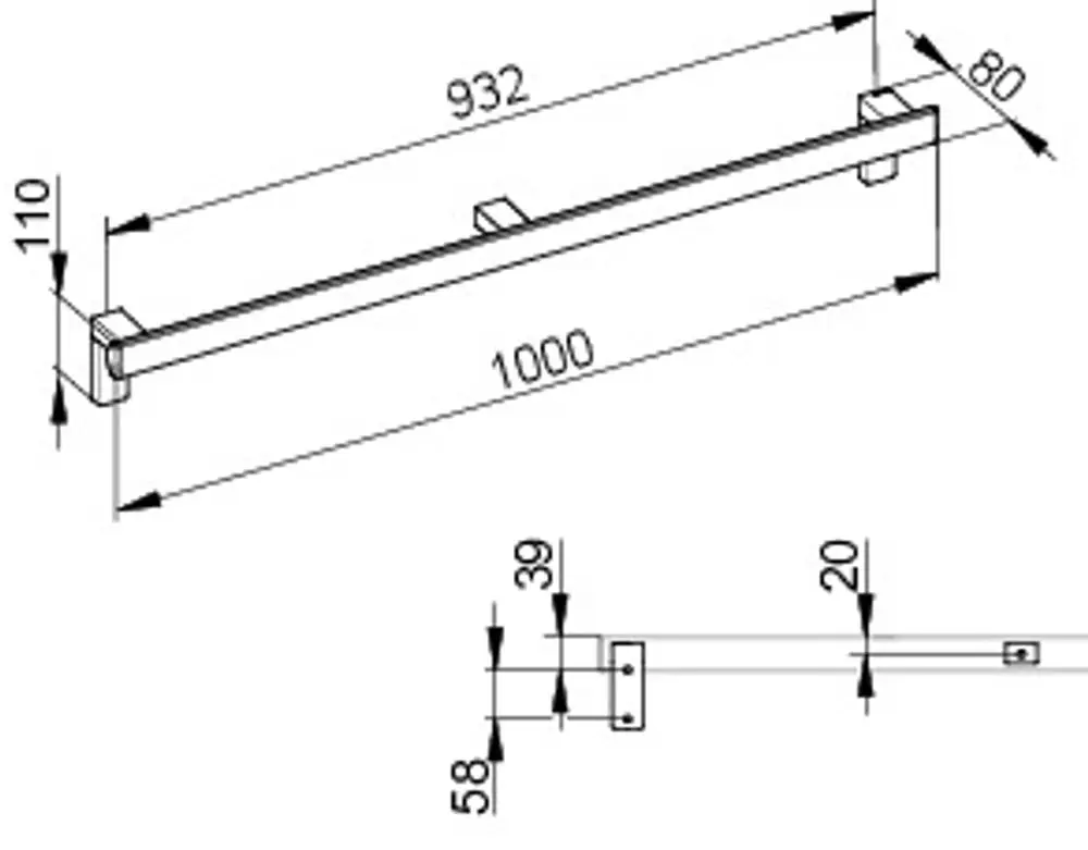 Haltegriff von Keuco, rechteckiges Design aus Metall mit Befestigungselementen, in verchromter Ausführung. Maße und genaue Details sind im Bild dargestellt.