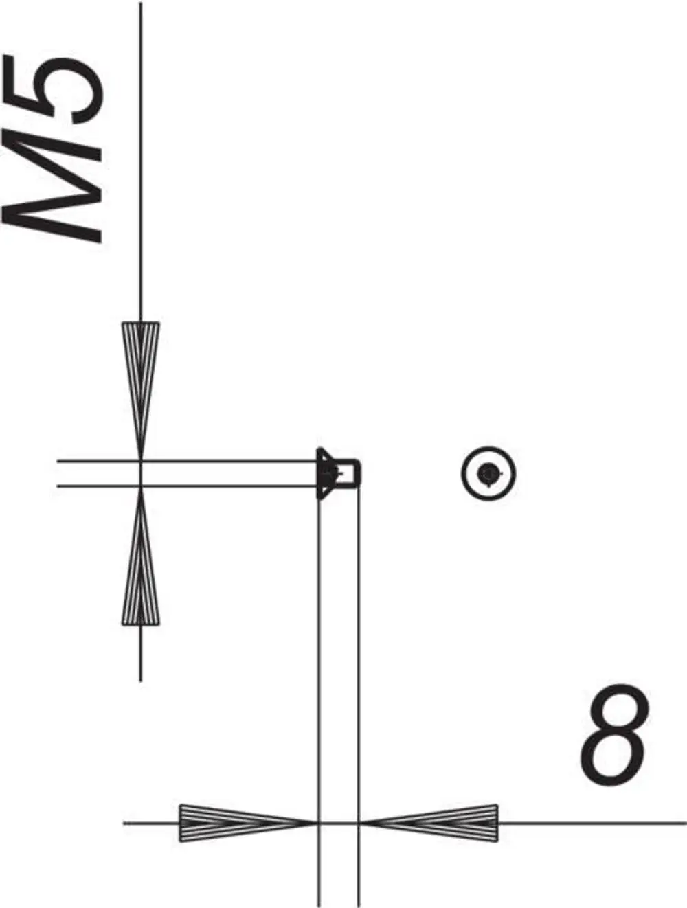 Dallmer Sicherheitsschrauben mit M5-Gewinde und schematischer Darstellung von Montagepunkten und Abmessungen.