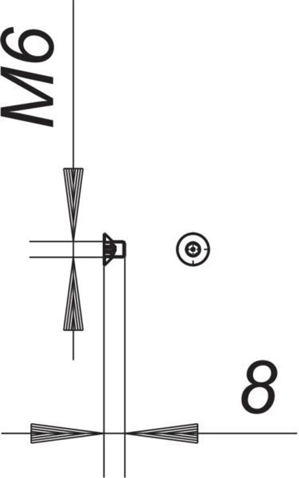 Technische Zeichnung von Dallmer Sicherheitsschrauben, mit angedeuteter Schraubenform und Montageposition. Darstellung zeigt Details zur Befestigung.