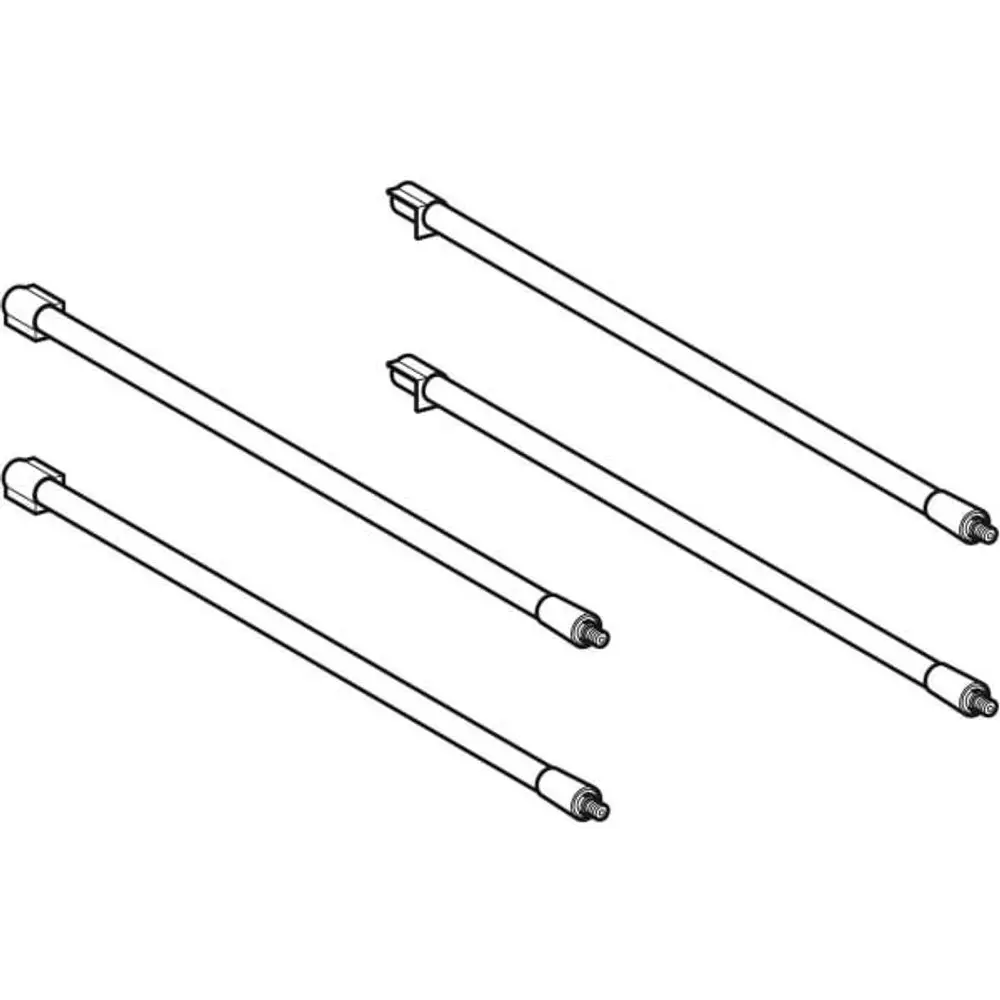 Set aus vier weißen Verbindungselementen für Schubladen, hergestellt von Geberit, mit unterschiedlichen Enden für eine sichere Befestigung.