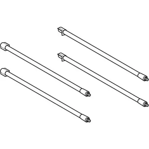 Set aus vier weißen Verbindungselementen für Schubladen, hergestellt von Geberit, mit unterschiedlichen Enden für eine sichere Befestigung.