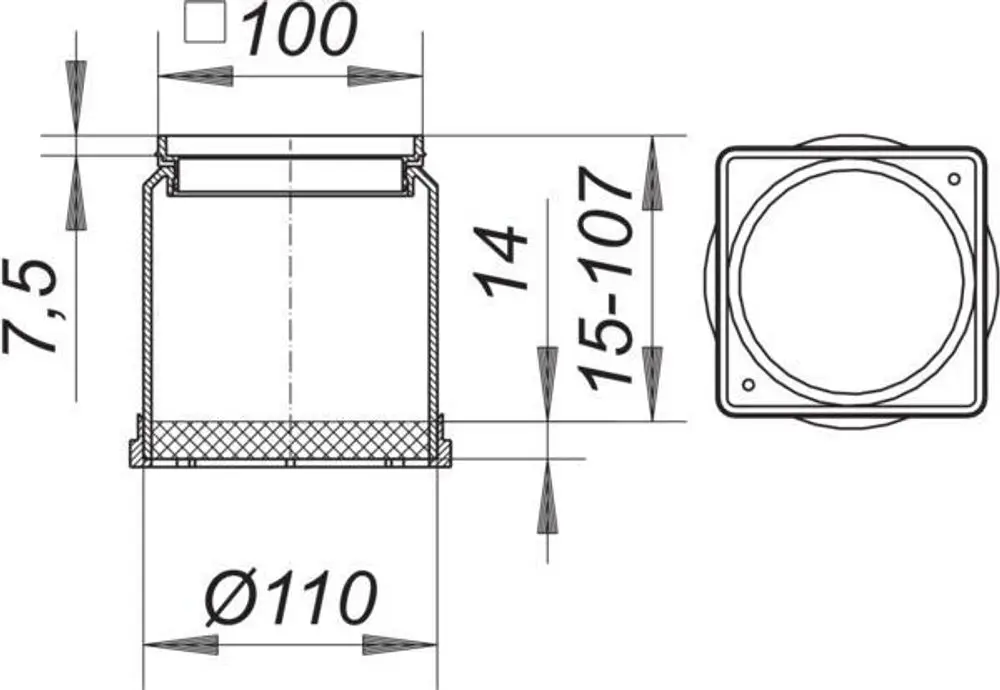 Dallmer Aufsatzrahmen, zylindrischer Körper mit quadratischer Oberseite und verschiedenen Maßeinheiten, für den Einsatz in Sanitärinstallationen.