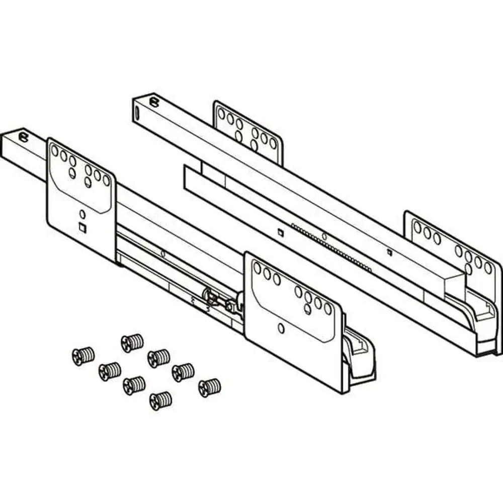 Set aus Schubladenschienen von Geberit, bestehend aus zwei Schienen mit Halterungen und Schrauben zur Befestigung. Ideal für die Montage in Schubladen.