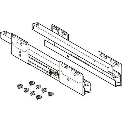 Set aus Schubladenschienen von Geberit, bestehend aus zwei Schienen mit Halterungen und Schrauben zur Befestigung. Ideal für die Montage in Schubladen.