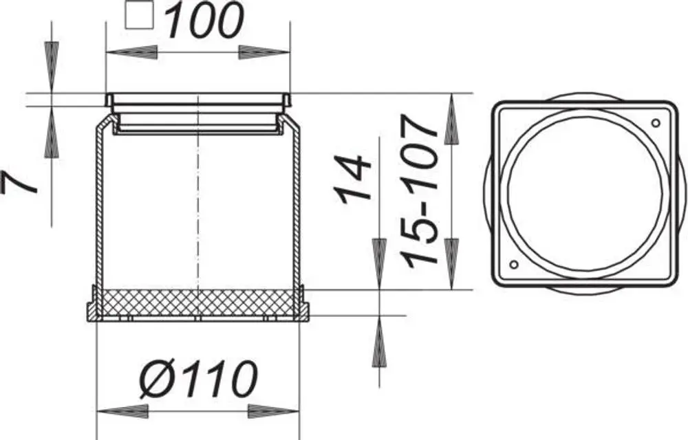 Technische Zeichnung eines Dallmer Aufsatzrahmens mit quadratischer Grundform. Die Abmessungen sowie Details wie Durchmesser und Höhen sind klar eingezeichnet.