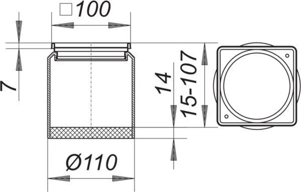 Dallmer Aufsatzrahmen mit quadratischem Design. Abmessungen und Befestigungsdetails sind dargestellt. Die Konstruktion ist auf Funktionalität ausgelegt.