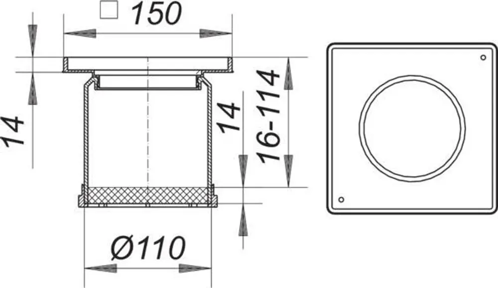 Dallmer Aufsatzrahmen mit quadratischem Design, abgebildet in Seitenansicht und Draufsicht. Enthält detaillierte Maße und eine runde Öffnung.