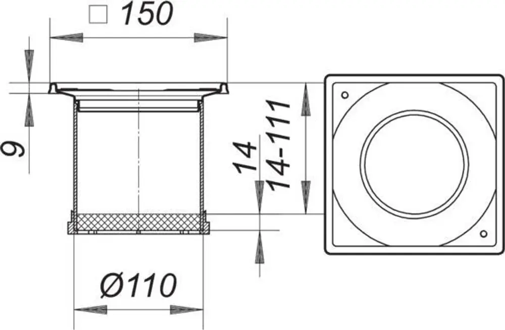 Dallmer Aufsatzrahmen mit quadratischer Grundform und runder Öffnung, gefertigt aus robustem Material, in technischen Zeichnung mit Maßangaben.