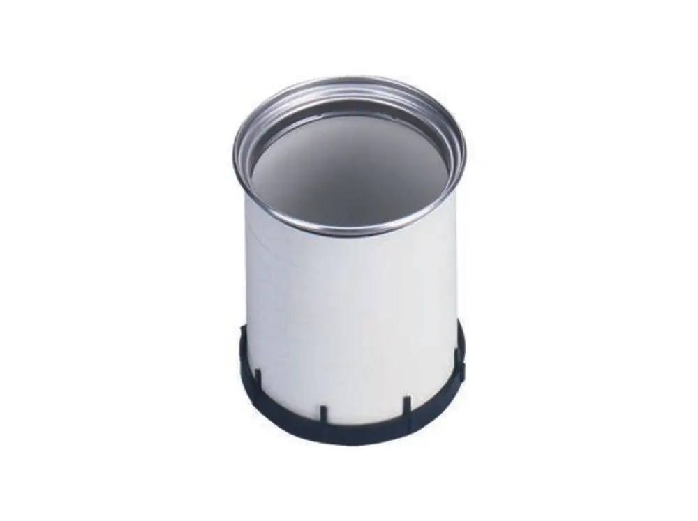 Weißer Aufsatzrahmen mit Metallrand, auf schwarzem Kunststoffsockel, für sanitärtechnische Anwendungen von Dallmer.
