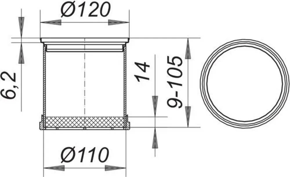 Dallmer Aufsatzrahmen mit einem Durchmesser von 120 mm, zylindrischer Form mit flachem Rand und unterschiedlichen Höhenmarkierungen an der Seite.