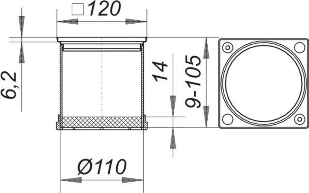 Dallmer Aufsatzrahmen in quadratischer Form, mit seitlichen Bohrungen zur Befestigung. Oben leicht gewölbt, Durchmesser von 110 mm, Höhe 14 mm.