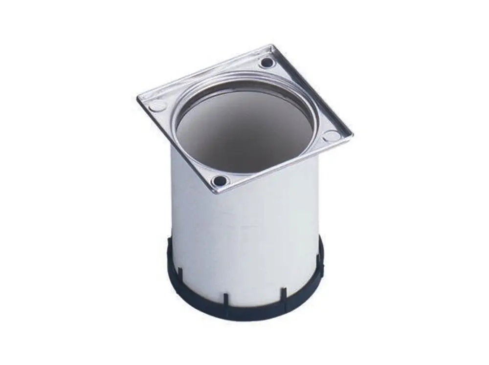 Eckiger, metallischer Aufsatzrahmen von Dallmer mit rundem Innenteil, ideal für die Installation in Badezimmern oder ähnlichen Räumen.